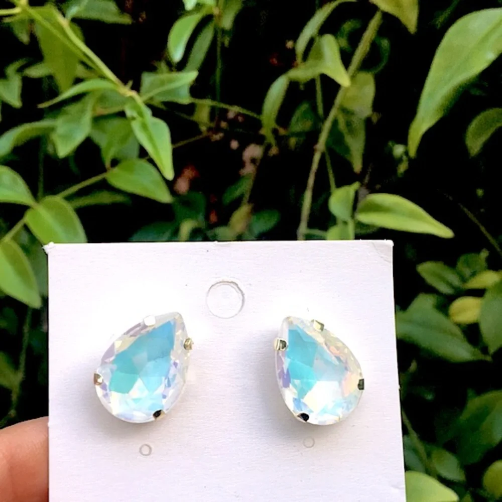 White Iridescent Opal AB Pear Crystal Earrings